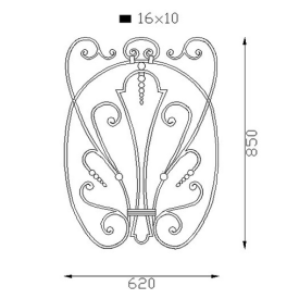 Panneau décoratif en fer forgé, acier grenaillé, avec volutes et noyaux, 600x850 mm.