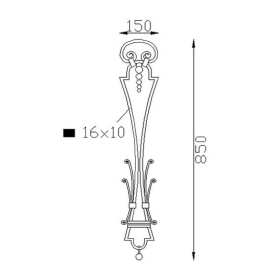 Panneau décoratif en fer forgé avec volutes et noyaux, acier grenaillé, 150x850 mm.